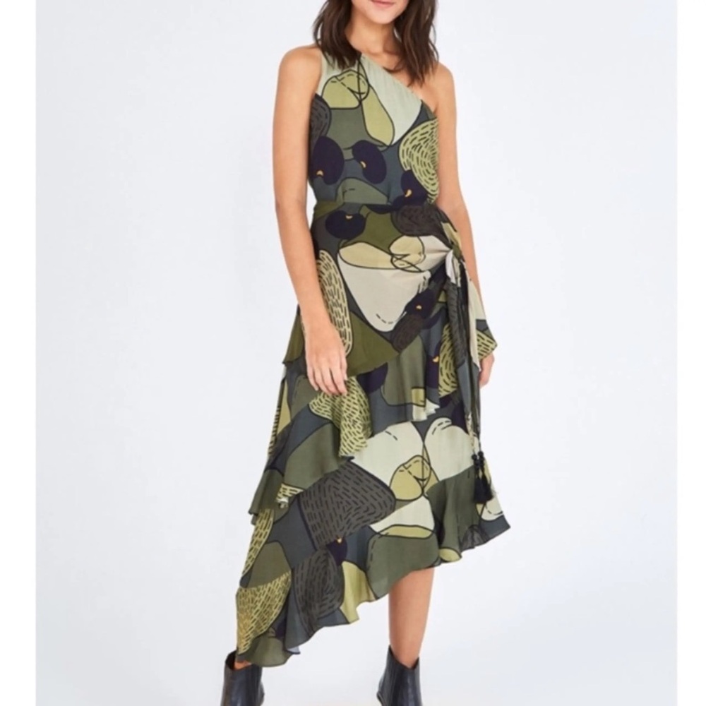 Military Cashew One Shoulder Dress In Green